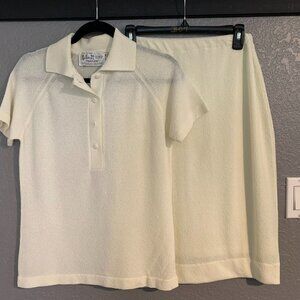Vintage Talbott Traveler 2 Pc Button Up Sweater Top Skirt Set Ivory Vtg Med